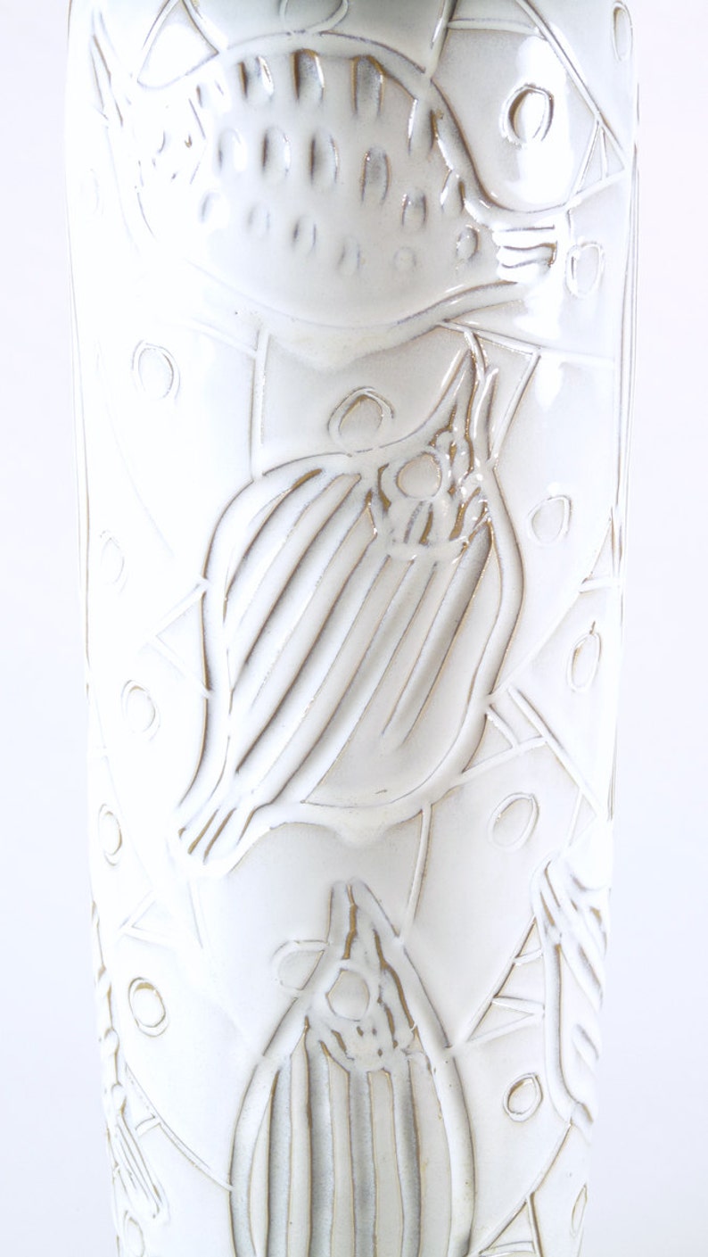 Mid-Century Modern Japanese Shino White Incised Fish Design Vase image 2