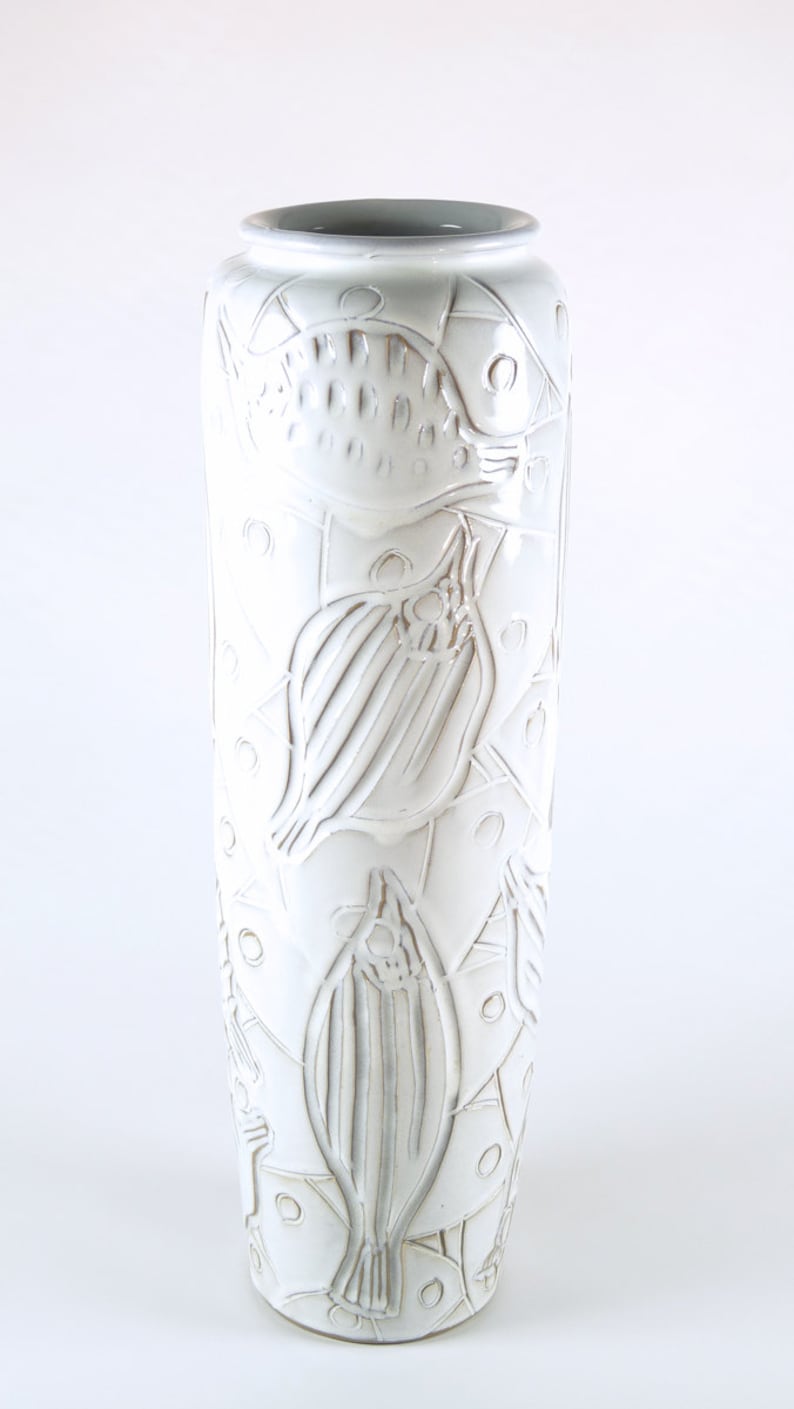 Mid-Century Modern Japanese Shino White Incised Fish Design Vase image 1