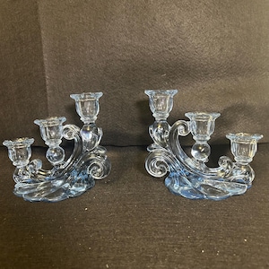 Cambridge caprice vintage blue glass candleholders | set of 2