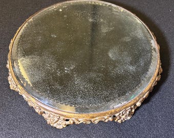 Antique gold tone mirror footed vanity tray | Victorian | floral design