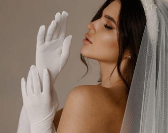 Elegantes guantes de boda románticos color marfil, conjunto de accesorios nupciales, guantes de satén color marfil claro, guantes de novia sin dedos, guantes de novia de satén, clavos