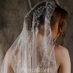 Veil with lace silver trim with embroidery, from the comb and the bottom of the veil.Wedding ceremony something blue,Crystal Veil,Ivory Veil