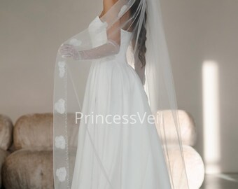 Handmade Pearl Trim Wedding Veil, Embroidered Lace Flowers, pearls and beautiful flowers, Long veil, Ivory veil,Handmade Beaded Edge Veil