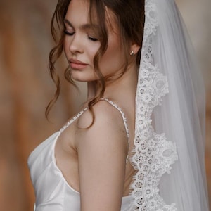 Veil Chantilly lace trim with eyelashes,Mantilla Veil, Cathedral veil with blusher, Ivory Long Lace Veil, Chantilly Veil,lace cathedral veil