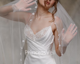 Swarovski Crystals & 3D Flowers,Wedding veil in 1 layer with hand embroidered in scattering of Swarovski crystals of mixed with 3d flowers