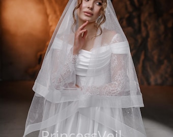Two-Tier Italian Tulle Wedding Veil, Blush Horsehair Trim,Shiny horsehair wedding veil,Veil with horsehair trim,Ivory veil with crinoline.