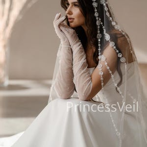 Sparkling Beaded Lace Cathedral Bridal Veil - Ivory Embroidered Wedding Veil
