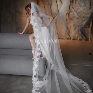 Corded Lace Veil trim with eyelashes, Mantilla Veil, Cathedral veil with blusher, Ivory Long Lace Veil, Chantilly Veil, lace cathedral veil