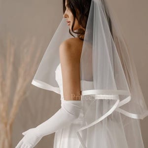 Soft Satin Ribbon Edge Wedding Veil,Simple Wedding Veil,Cascading Veil with Satin Cord Trim,Fingertip Length Veil, 2Tier cathedral Veil