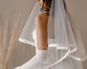 Soft Satin Ribbon Edge Wedding Veil,Simple Wedding Veil,Cascading Veil with Satin Cord Trim,Fingertip Length Veil, 2Tier cathedral Veil