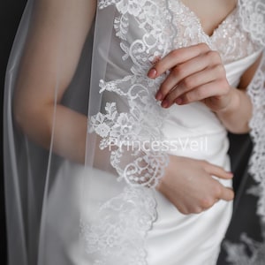 Lightweight ivory wedding veil made of Chantilly lace, gracefully crafted in elegant Chantilly lace trim with eyelashes, Lace Long Veil