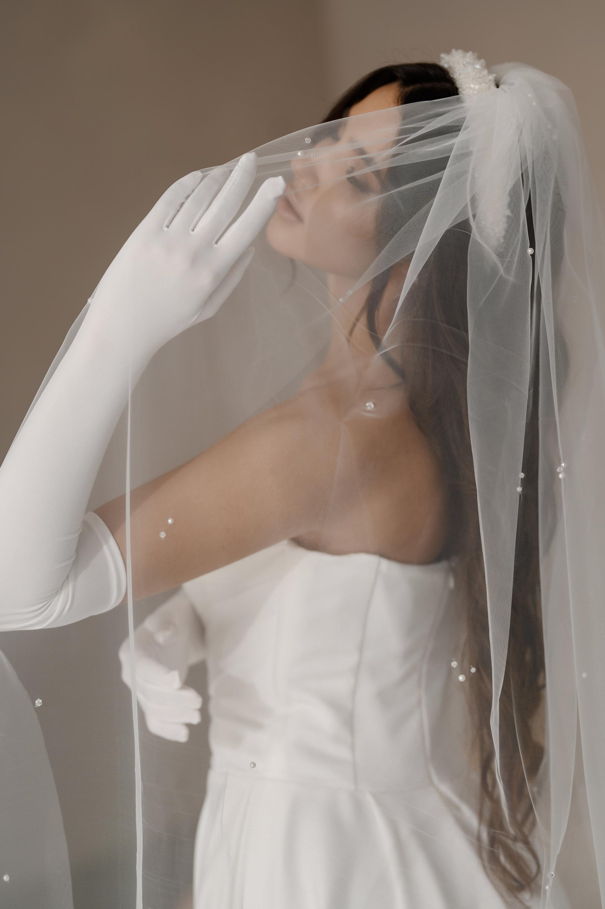 Embroidered throughout the length of the interspersed Swarovski crystals veil,Pearl Beaded Wedding Veil, 1 tier veil, Delicate light veil