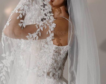 Veil Bride Fairy 3D Flower, Floral Wedding Veil, Veil Floral, Veil Cathedral, 3D Flower Veil,1 layer veil decorated with lace leaves 3d