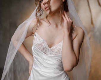 Pleated Wedding Veil: Light Ivory Tulle, Handmade Bridal Veil,Pleated Soft Tulle Veil,Plain Light Ivory Veil,Wedding Veil,With Pleated Tulle