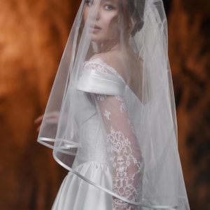 Two tier veil is made from soft and luxurious bridal tulle with delicate satin edge,Soft Satin Ribbon Edge Wedding Veil,Simple Wedding Veil