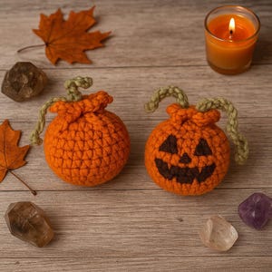 May include: Two orange crochet pumpkins with green stems are displayed on a wooden surface, one with a carved jack-o'-lantern face. An orange candle, autumn leaves, and crystals complete the autumnal scene.