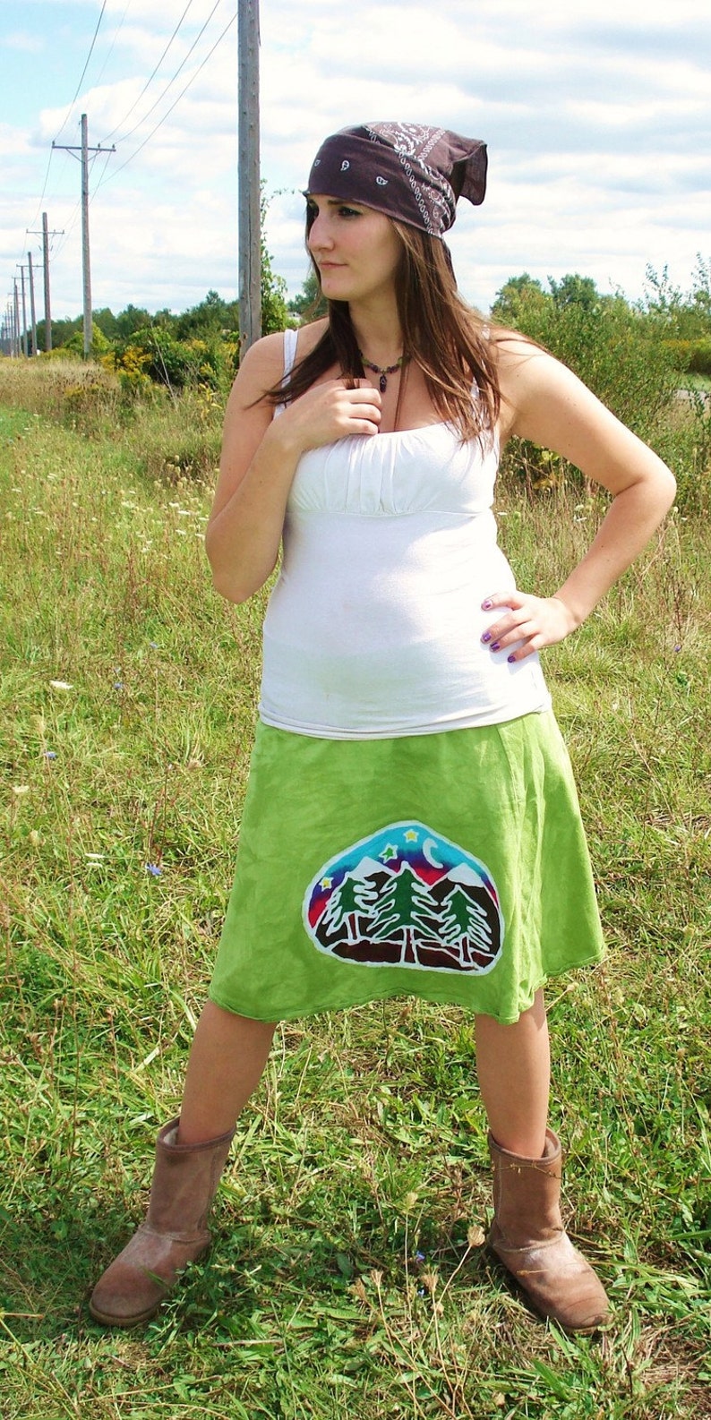 Mountain Moon Forest Batik Skirt CUSTOM MADE in Avocado Green image 1