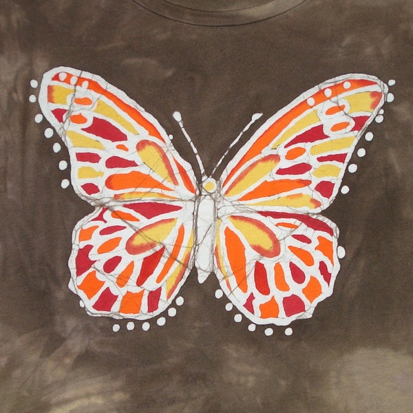 Tribal Monarch Butterfly Batik Tee Shirt Ladies Tee Shirt Rebirth Earth Tone Colors CUSTOM MADE