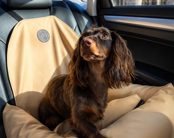 Woof Dog Car Seat: Beige Faux Leather Travel Bed