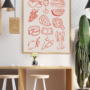 Retro Dinner Print, Drink Poster, Minimalist Kitchen Gallery Wall Art, Apartment Decor, Bar Cart Art Print, Food Poster, Drawn Art, Set of 2