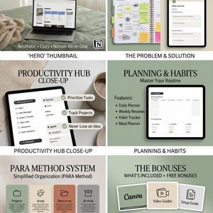May include: A digital planner with the text "ULTIMATE SECOND BRAIN 2026" and "Reduce Mental Overwhelm". The image includes a laptop, tablet, and notebook, with sections for productivity, planning, and bonuses. The planner offers features like a daily planner, habit tracker, and meal planner.