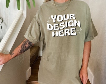 Comfort Colors 1717 Bay Shirt Mockup, CC1717 Real Model Mockup, Comfort Colors Mockup, CC1717 Bay Green Oversized Tshirt Mockup, Trendy Boho