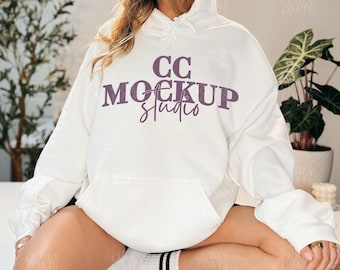 White Gildan 18500 Hoodie Mockup, G185 Hooded Sweatshirt Mockup, White Sweatshirt Mockup, Real Model Photo, Gildan Hoodie Mockup