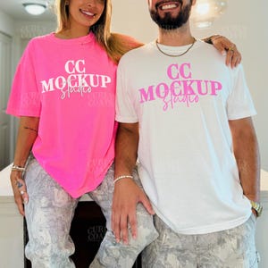 CC1717 Neon Pink and White T-Shirt Mockup, Real Model Couple Duo, Oversized Hot Pink and White Comfort Colors Mockup for POD Shops
