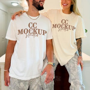 CC1717 White & Ivory Shirt Mockup, Couple T-Shirt Lifestyle Mockup Duo, Real Model Oversized Comfort Colors Mockup, Beige TShirt Mockup