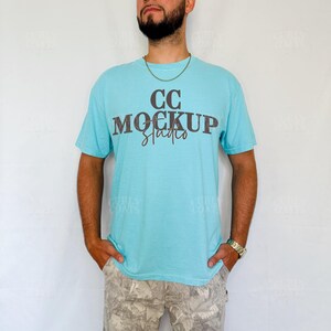 C1717 Lagoon Blue Comfort Colors Mockup | CC1717 Lagoon Blue Oversized T-Shirt Mock-up | Male Model Lifestyle Mockup | Blue C1717 Mockup