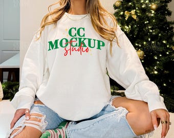 White Gildan 18000 Crewneck Mockup | G180 White Christmas Sweatshirt Mock | Real Model Holiday White Crewneck Photo | Winter Sweater Mockup