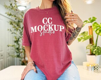 CC1717 Brick T-Shirt Mockup | Comfort Colors 1717 Red Tee Front View | Real Model Red Shirt Mockup | Lifestyle Brick Red Shirt Photo for POD