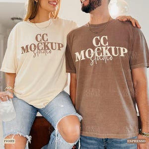 Couple Mockup Comfort Colors 1717 Espresso and Ivory, 2 Shirt Mockup with Male and Female Models, Oversized Unisex T-Shirt Mockup for Canva