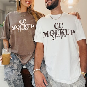 Couple Mockup Comfort Colors 1717 Espresso and White, 2 Shirt Mockup with Male and Female Models, Neutral Oversized Tee Duo Real Model