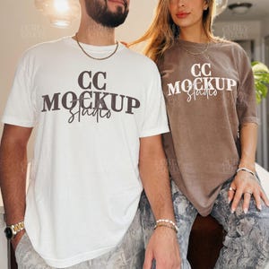 Comfort Colors Espresso & White Shirt Mockup, Matching CC1717 Couple Tee Mock Up, Real Model Lifestyle T-Shirt Mockup Canva Ready