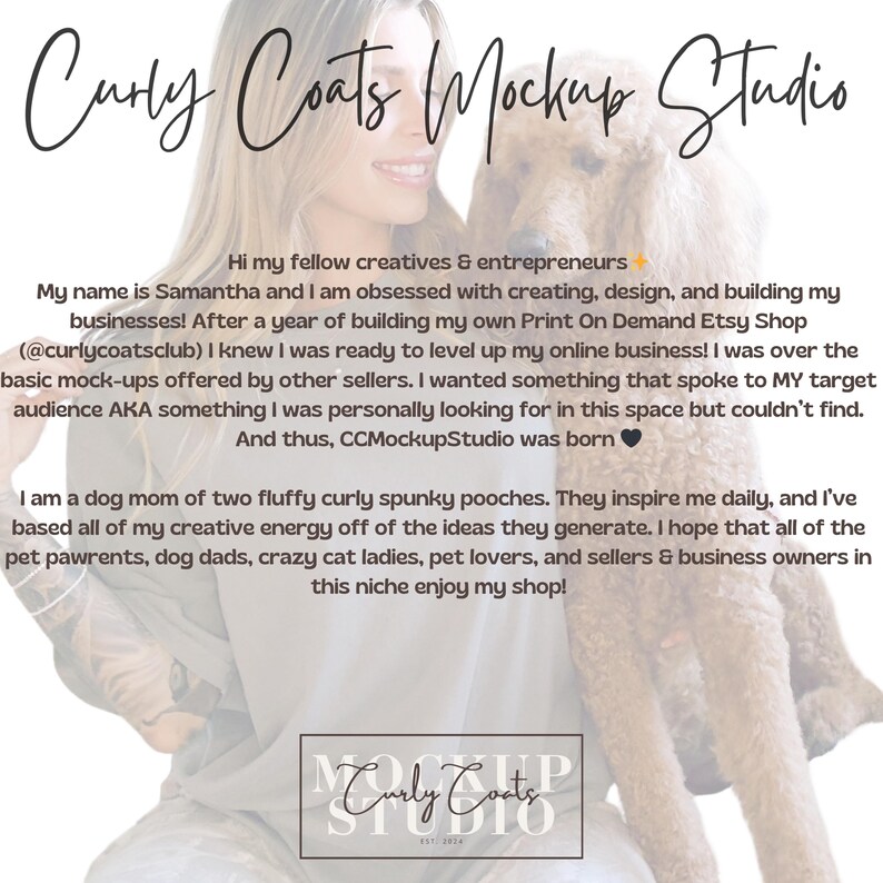 Puede incluir: Una mujer posa con dos perros esponjosos para una foto. El texto "Curly Coats Mockup Studio" es visible en la imagen. La mujer sonr&iacute;e y sostiene a los perros cerca de ella. Los perros son blancos y esponjosos.