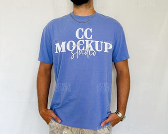 Comfort Colors 1717 Periwinkle T-Shirt Mockup | CC1717 Periwinkle Shirt Mock-up | Real Male Model Periwinkle Tee Mock | Soft Blue Tone Mock