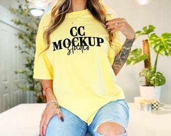 Butter CC1717 T-Shirt Mockup | Comfort Colors 1617 Butter Yellow Shirt | Real Model CC1717 Tee Mockup | Digital Yellow Shirt for POD Sellers