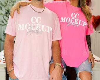 Valentines Day Couple Mockup | Neon Pink & Blossom CC1717 Valentines Shirt Mockup | CC1717 Pink Shirt Duo Real Model Mockup | Pink Shirt Set
