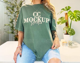 CC1717 Sage Green Shirt Mockup | Comfort Colors Sage Green T-Shirt | Real Model Sage CC1717 Tee Front View Digital Shirt Mockup for POD