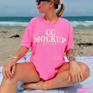 Neon Pink Comfort Colors 1717 Shirt Mockup, Bright Pink Summer On The Beach T-Shirt Mockup, Real Model Pink Shirt For Tropical Vacation Vibe