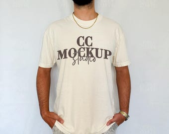 C1717 Ivory Shirt Mockup Comfort Colors | Real Model Male Tee | Comfort Colors 1717 Ivory T-Shirt Mockup | Ivory Men's Shirt Mockup Photo
