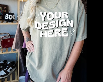 Comfort Colors 1717 Bay Shirt Mockup, CC1717 Real Model Mockup, Comfort Colors Mockup, CC1717 Bay Green Oversized Tshirt Mockup, Trendy Boho