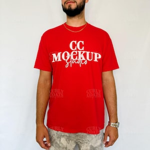 Comfort Colors 1717 Red Shirt Mockup | CC1717 Red T-Shirt Mock-up | Real Model | Trendy Oversized Tee Mockup | Bold Red Color Lifestyle Mock