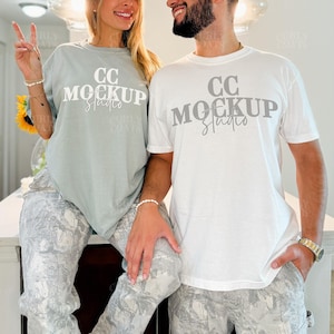 Matching Shirt Mockup Bay and White, Comfort Colors CC1717 T-Shirt Duo, Oversized Couple Mockup with Real Male and Female Models
