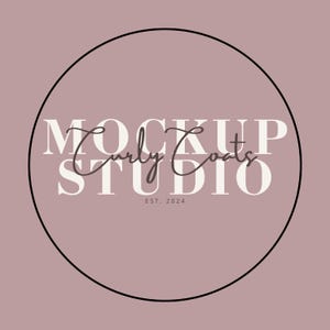 May include: A logo for Mockup Studio Curly Coats, featuring text in a circle. The words "Mockup Studio" are in a serif font, while "Curly Coats" is in a cursive font. The text "EST. 2024" is at the bottom.