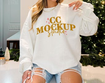 18000 Gildan White Christmas Mockup | G180 White Crewneck Sweatshirt Mockup | Real Model Holiday Sweatshirt | Trendy Christmas Photo for POD