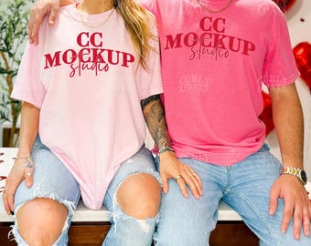 CC1717 Blossom & Crunchberry Couple Mockup | Comfort Colors Couple Mockup For Valentines Day | Pink T-Shirt Mockup | Valentines Day Mockup