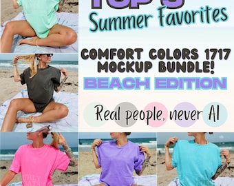 Beach Comfort Colors Mockup Bundle, CC1717 Real Model Lifestyle Mockup On The Beach, Neon Pink Island Reef Pepper Lagoon Blue Violet Pack
