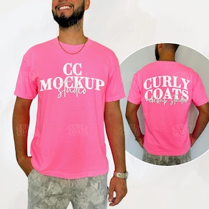 Comfort Colors Neon Pink Mockup C1717 Front and Back T-Shirt | Bright Pink Tee Mockup with Real Model | Oversized CC1717 Shirt